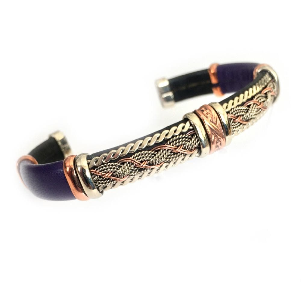 Bracelets Unique Leather Bracelet - HPSilver, Black & Purple with Copper, Adjustable Cuff - 0708