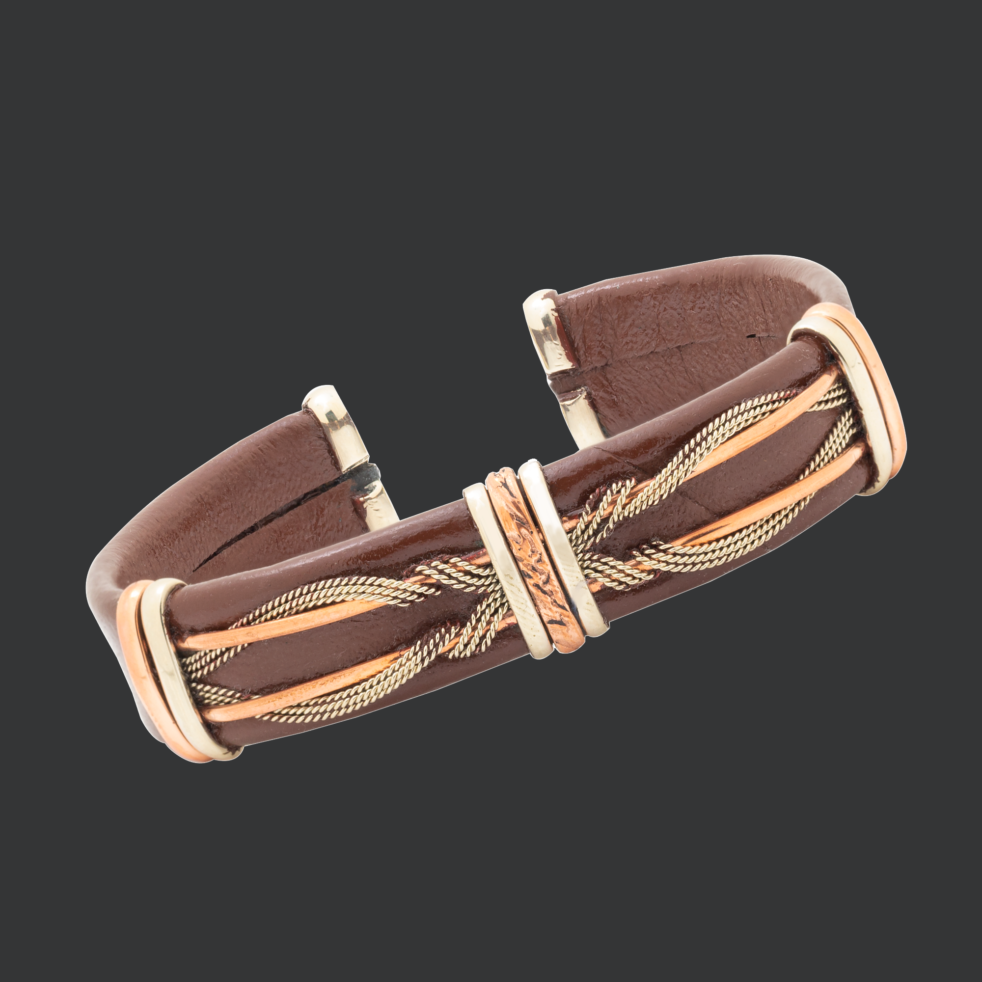 Men's Leather Bracelet by HPSilver - Men's Brown Leather and Copper Adjustable Cuff Bracelet - 0401