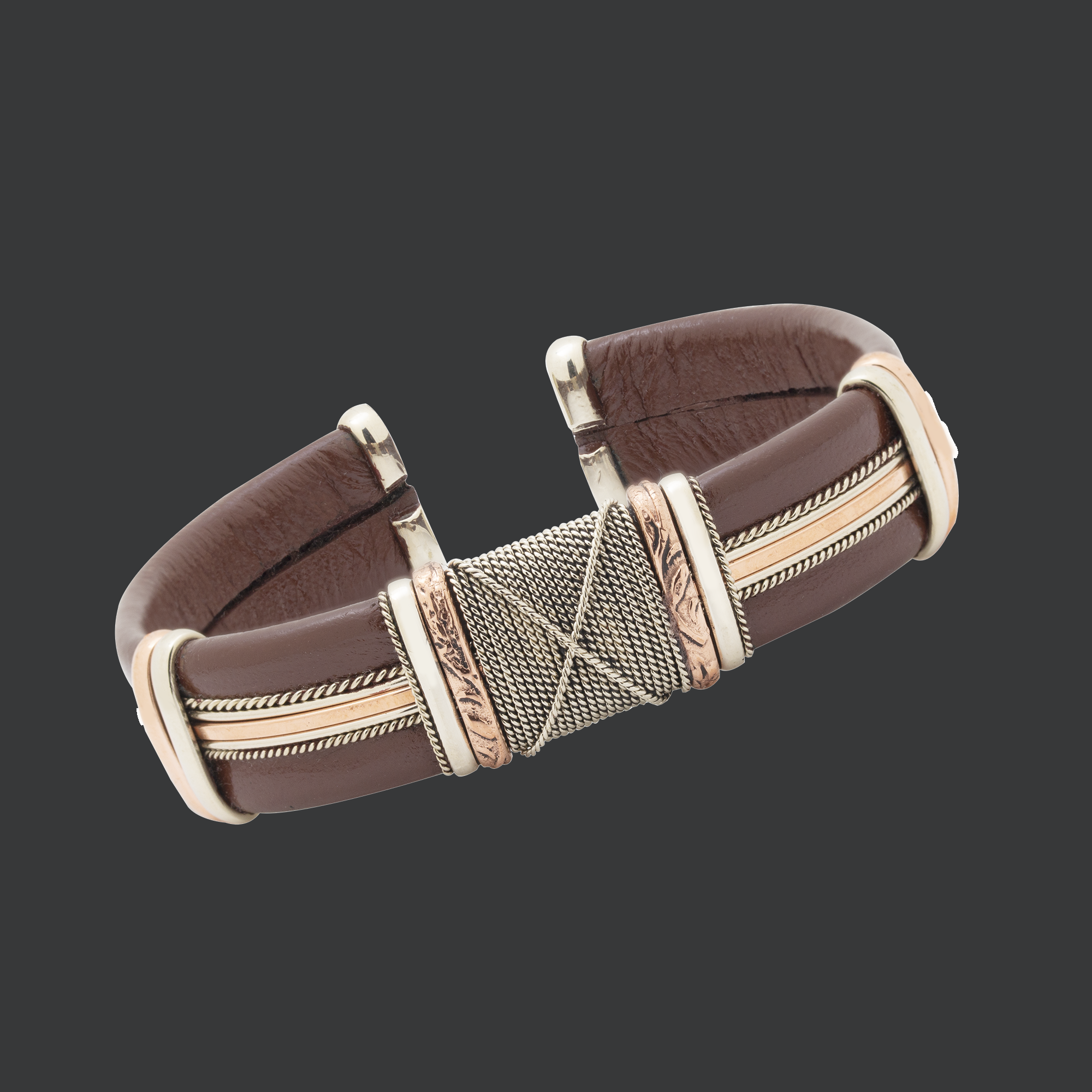 Men's Leather Bracelet by HPSilver - Men's Brown Leather and Copper Adjustable Cuff Bracelet - 0404