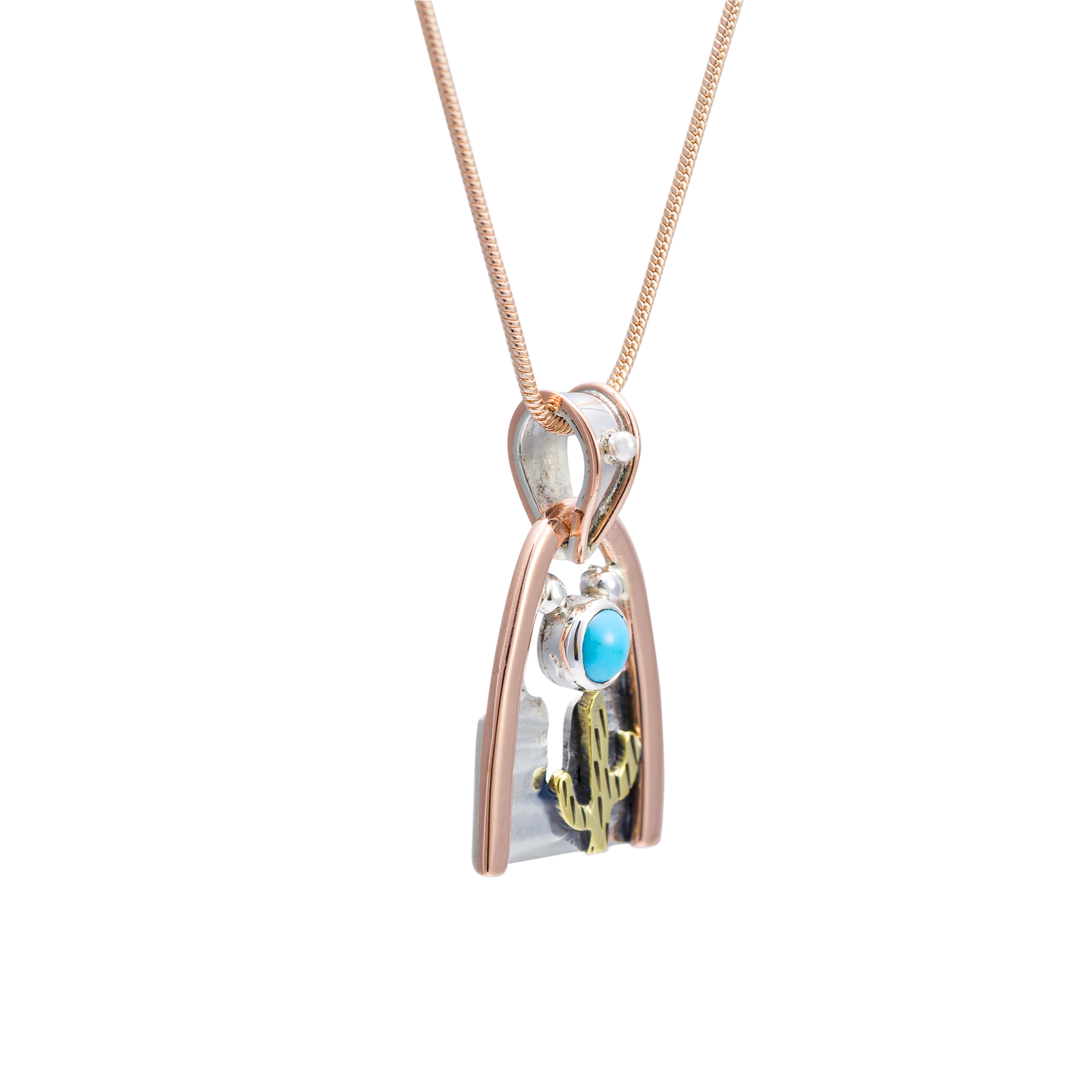 PN.ANG.2160 - Saguaro Mountain Pendant, Sterling Silver and Copper  with Sleeping Beauty Turquoise - PN.ANG.2160