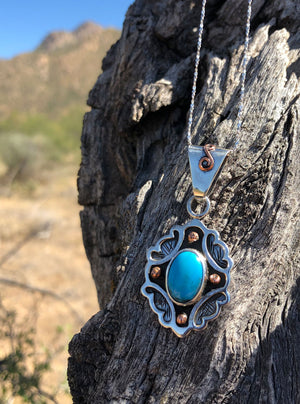 PN.VIC.2127 - Turquoise Pendant, Handcrafted with Silver and Copper