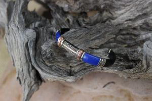 Bracelets Unique Leather Bracelet - HPSilver, Black and Blue with Copper, Adjustable Cuff -1311