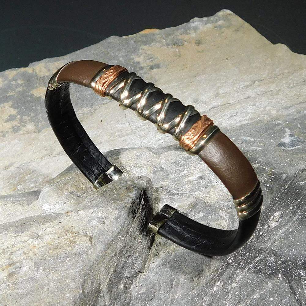 Bracelets Unique Leather Bracelet - HPSilver, Black & Brown with Copper, Adjustable Cuff - 1303