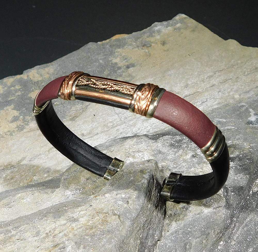 Bracelets Unique Leather Bracelet - HPSilver, Black & Burgundy with Copper, Adjustable Cuff - 1301