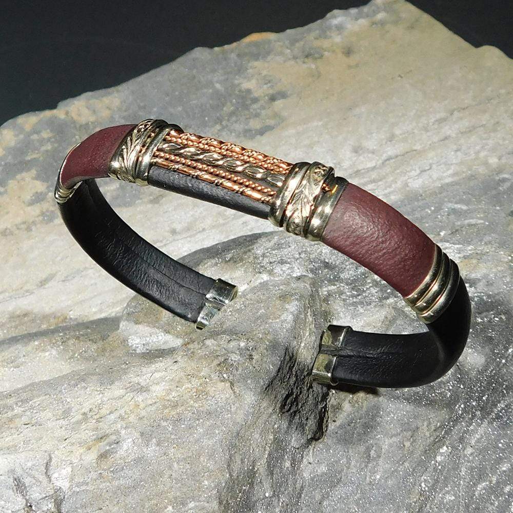 Bracelets Unique Leather Bracelet - HPSilver, Black & Burgundy with Copper, Adjustable Cuff - 1306