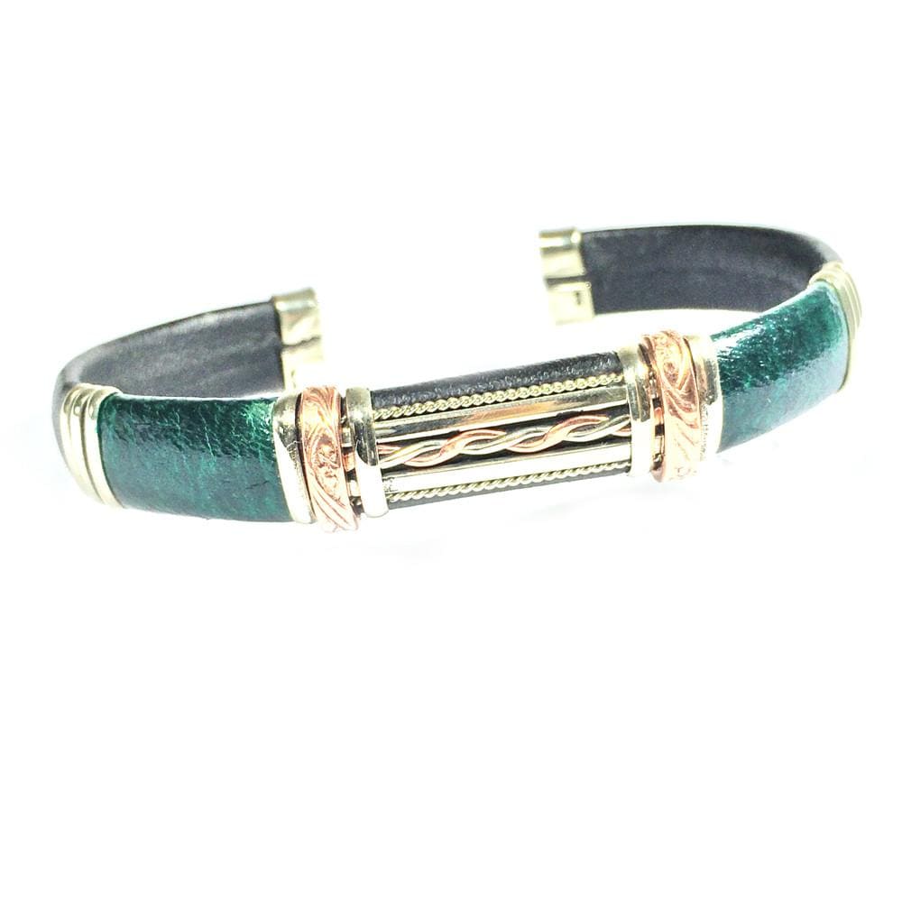 Bracelets Unique Leather Bracelet - HPSilver, Black & Green with Copper, Adjustable Cuff - 1307