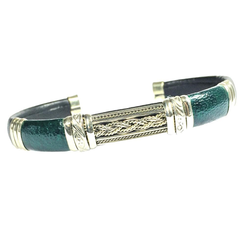 Bracelets Unique Leather Bracelet - HPSilver, Black & Green with White Copper, Adjustable Cuff -1302