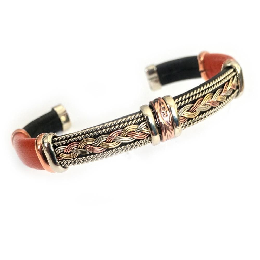 Bracelets Unique Leather Bracelet - HPSilver, Black & Orange with Copper, Adjustable Cuff - 0705