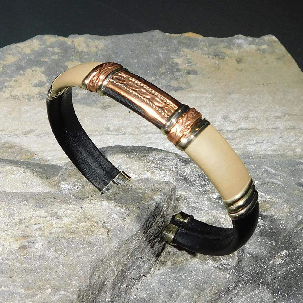 Bracelets Unique Leather Bracelet - HPSilver, Black & Taupe with Copper, Adjustable Cuff - 1304
