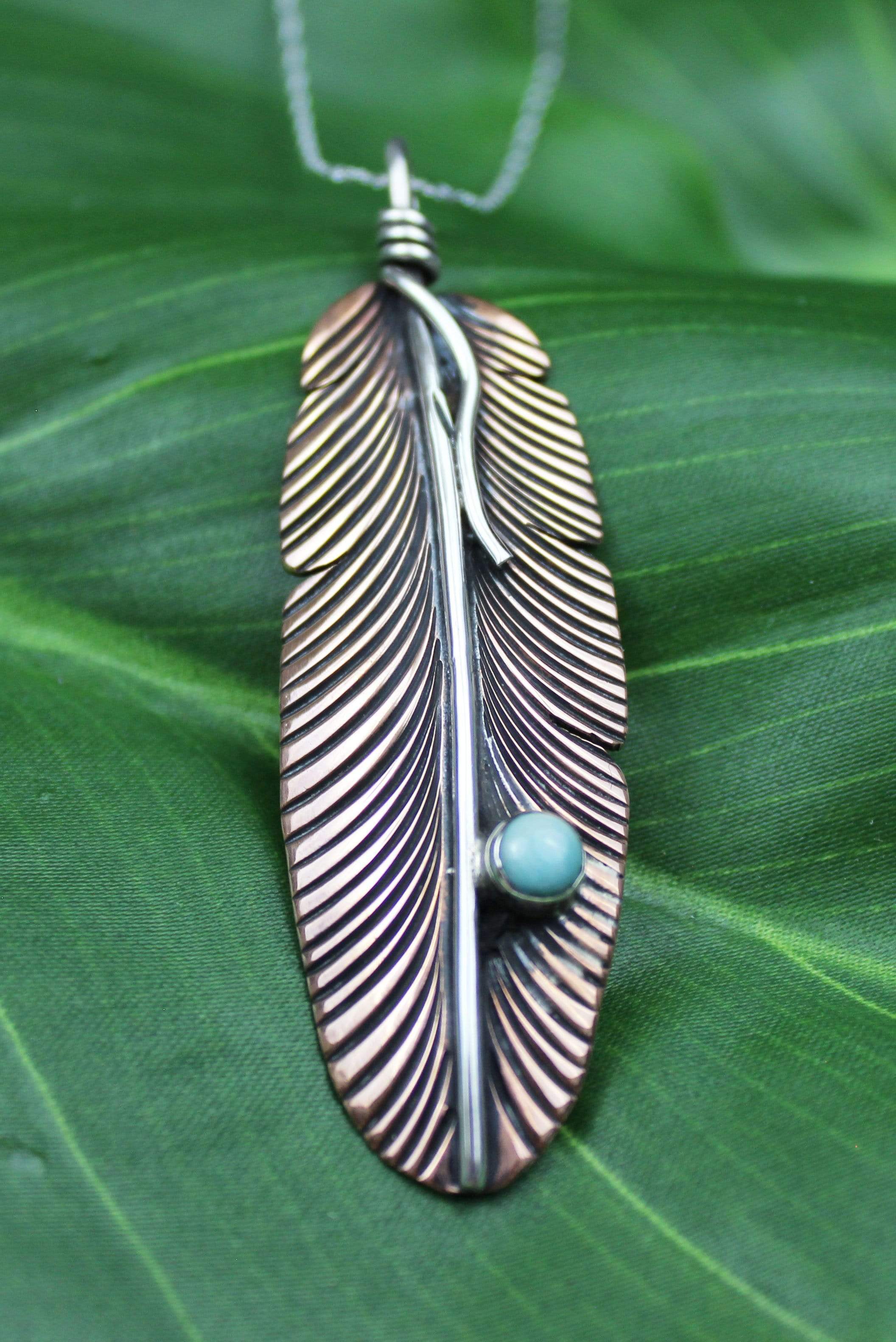 Pendants Copper Pendant - HPSilver, Copper and Sterling Silver with Turquoise Liberty Feather Pendant PN.VIC.4001